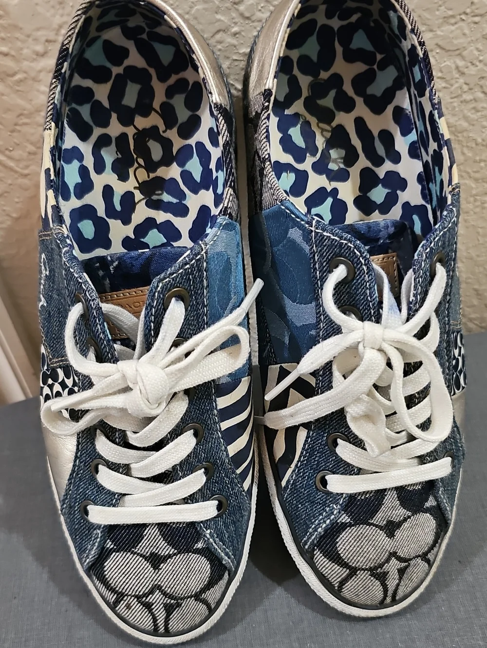 Coach Patchwork Blue Mixed-Print Lace-Up Sneakers Size 9